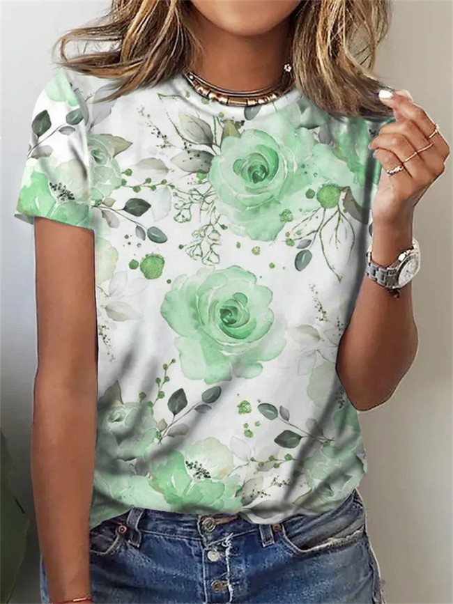 Women's Floral Tops Crew Neck Spring Summer Floral Print Short Sleeve T-Shirts