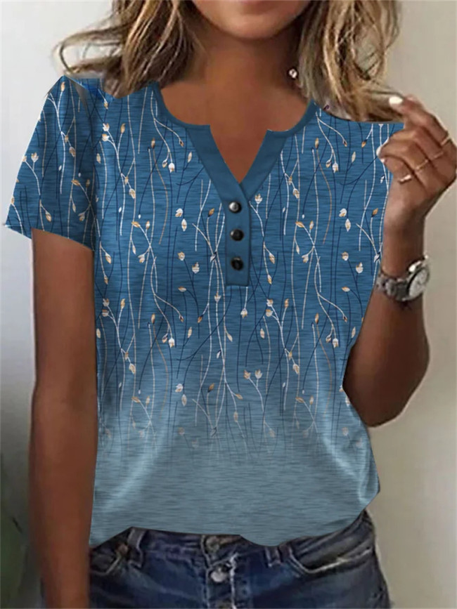 Women's Artist Print Blue Retro Floral Button Down Short Tee T-Shirts