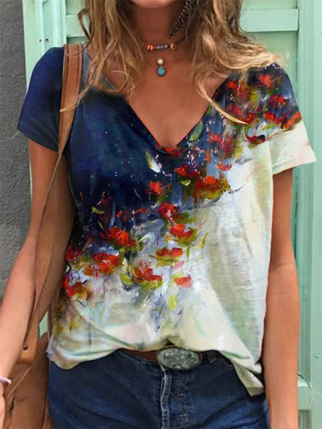 Women's T-Shirts Floral Print V-Neck Casual Loose Tops