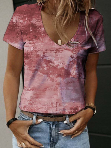 Women's Watercolor Painting Tee Vintage Retro Casual Front Pocket T-Shirt