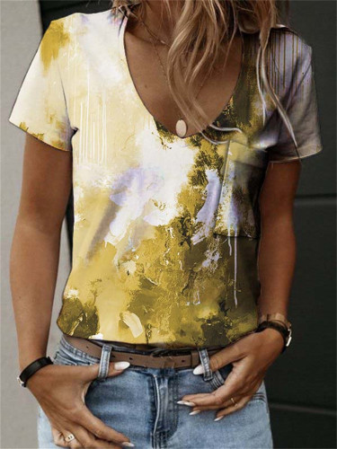 Women's Watercolor Painting Tee Vintage Retro Casual Front Pocket T-Shirt Top