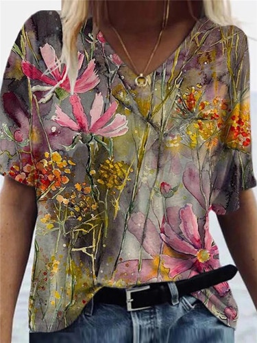 Women's T-Shirt Spring Watercolor Floral Print V-Neck Tops