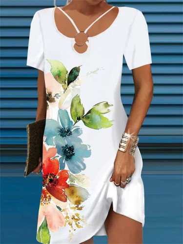 Women's Dress U-Neck Floral Print A Line Casual Summer Dress Mini Dress