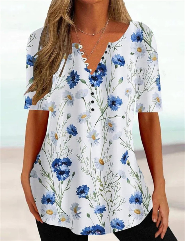 Women's Casual T-Shirts Floral Print V-Neck Top