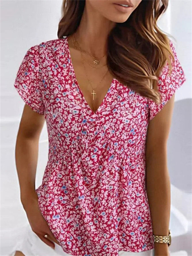 Women's Floral Tee Deep V Flower Print Short Sleeve T-Shirts