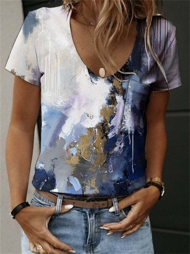 Women's Watercolor Painting Tee Vintage Retro Casual Front Pocket T-Shirt Top