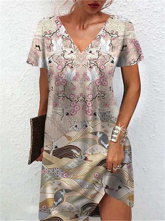 Women's Retro Vintage Dress Floral Print V-Neck A Line Dress