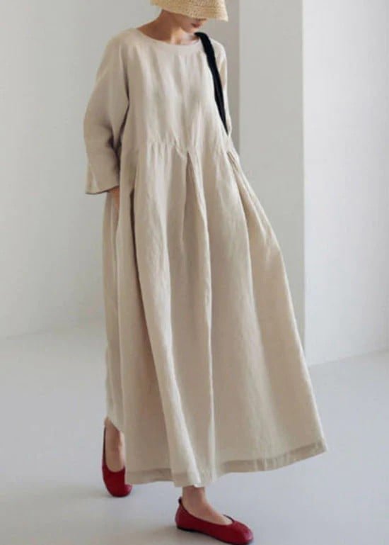 Women's Loose Round Neck Knee Length Cotton Linen Dress