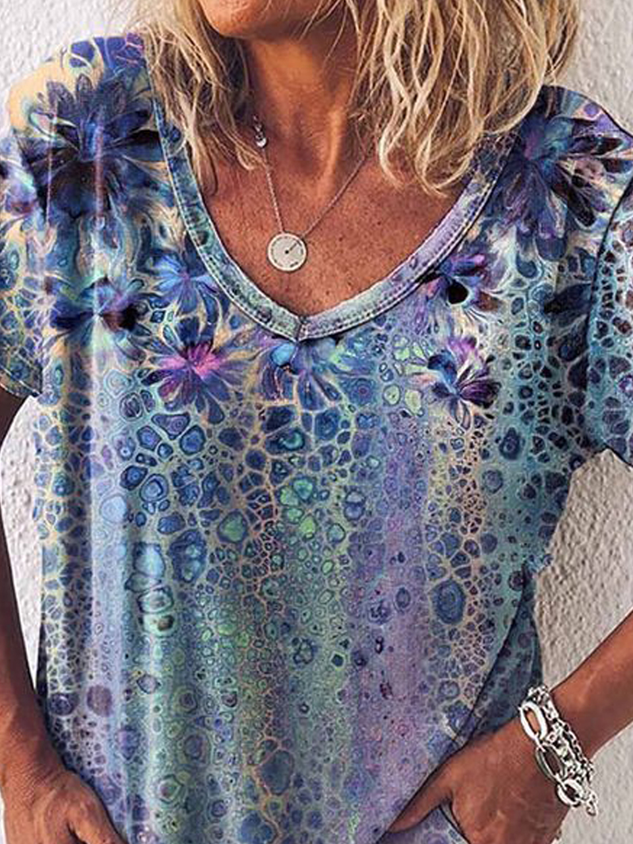 Casual Geometric Abstract Floral Printed Loosen Short Sleeve Tunic T-Shirt