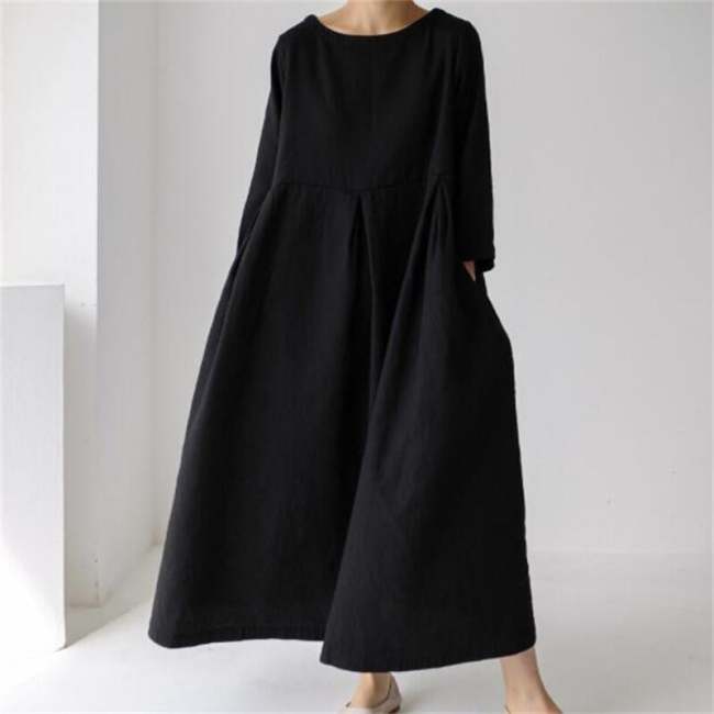 Women's Loose Round Neck Knee Length Cotton Linen Dress