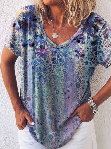 Casual Geometric Abstract Floral Printed Loosen Short Sleeve Tunic T-Shirt