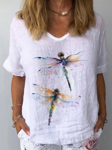 Women's Dragonfly Print Cotton Linen Shirt