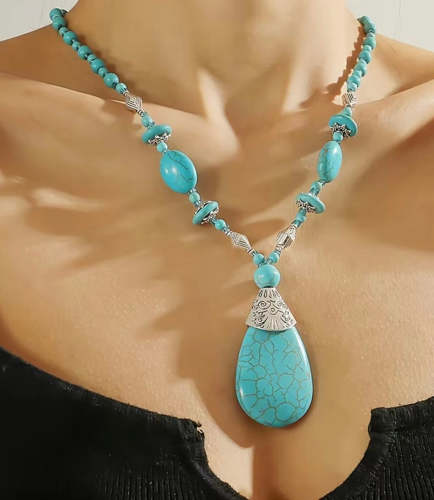 Boho Turquoise Long Beaded Necklace For Women Vintage Ethnic Western Style Jewelry