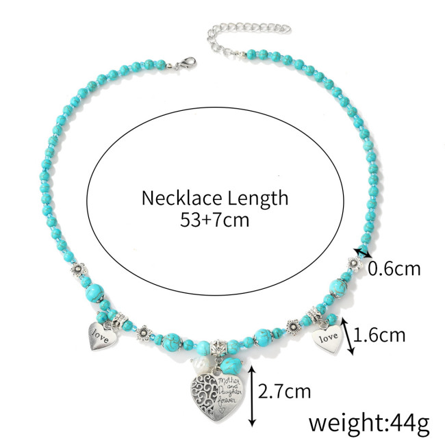 Women Turquoise Long Beaded Necklace Vintage Ethnic Mother and Daughter Necklace Jewelry