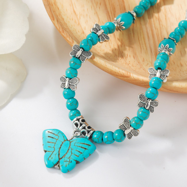 Boho Butterfly Turquoise Long Beaded Necklace For Women Vintage Ethnic Jewelry