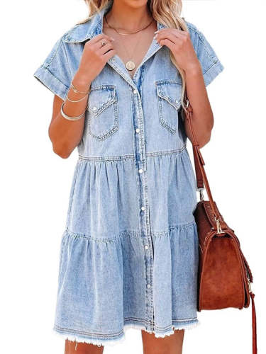 Women's Denim Dress Lapel Front Pocket A Line Dress