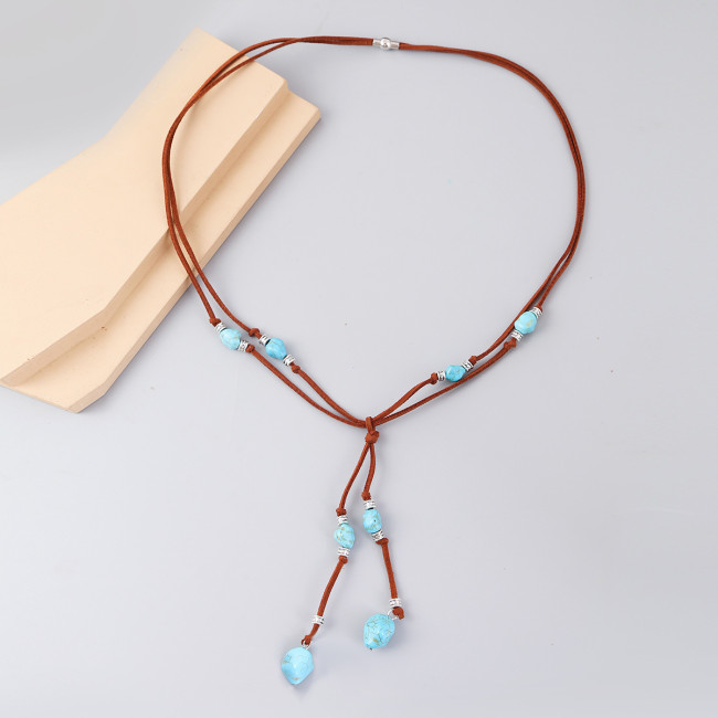 Women's Western Turquoise Pendant Leather Necklace Vintage Ethnic Necklace