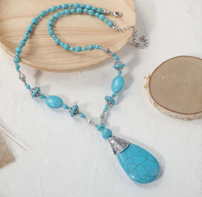 Boho Turquoise Long Beaded Necklace For Women Vintage Ethnic Western Style Jewelry