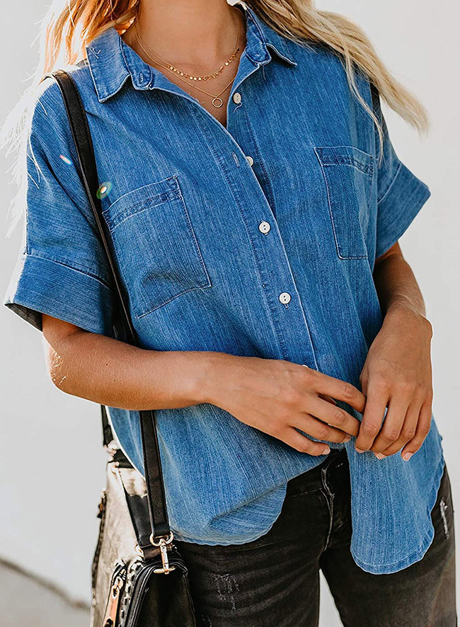 US 29.89 Women's Denim Shirt Short Sleeve Button Down Denim Shirt