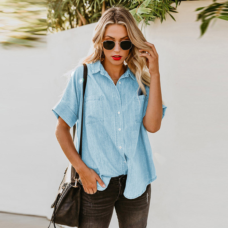 US 29.89 Women's Denim Shirt Short Sleeve Button Down Denim Shirt