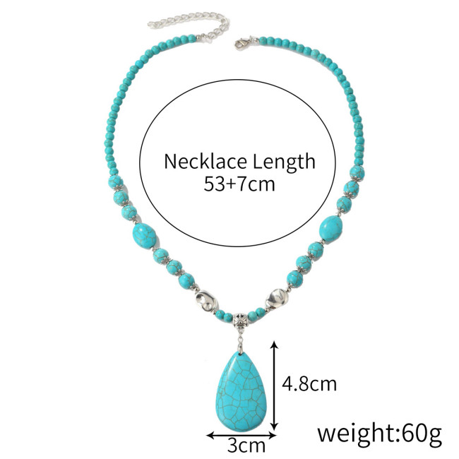 Women Turquoise Long Beaded Necklace Vintage Ethnic Boho Jewelry Water drop Turquoise Necklace