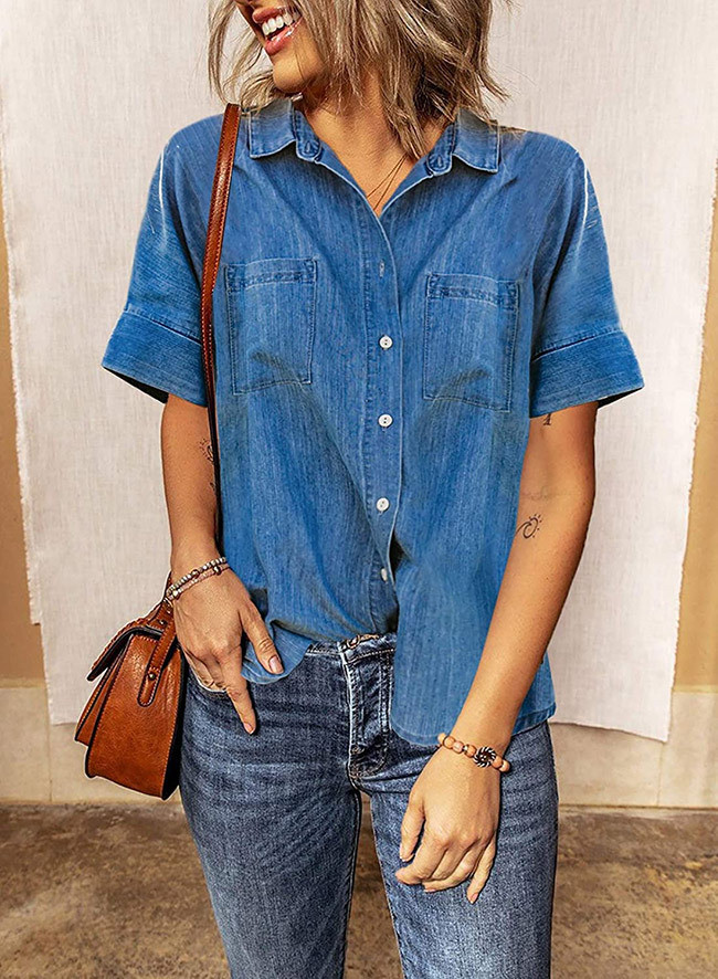 US$ 29.89 - Women's Denim Shirt Short Sleeve Button Down Denim Shirt ...