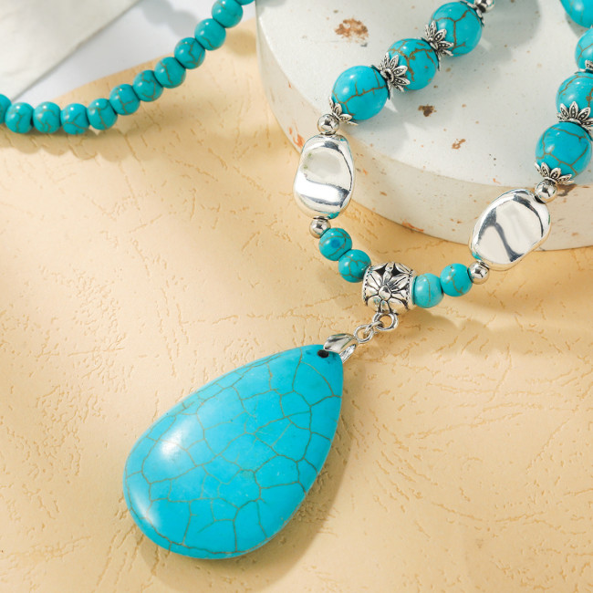 Women Turquoise Long Beaded Necklace Vintage Ethnic Boho Jewelry Water drop Turquoise Necklace