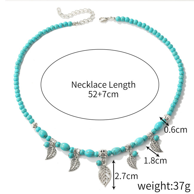 Women Turquoise Long Beaded Necklace Vintage Ethnic Leaf Necklace Jewelry
