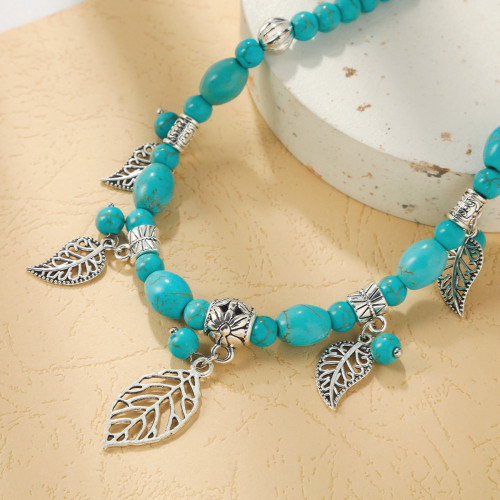 Women Turquoise Long Beaded Necklace Vintage Ethnic Leaf Necklace Jewelry