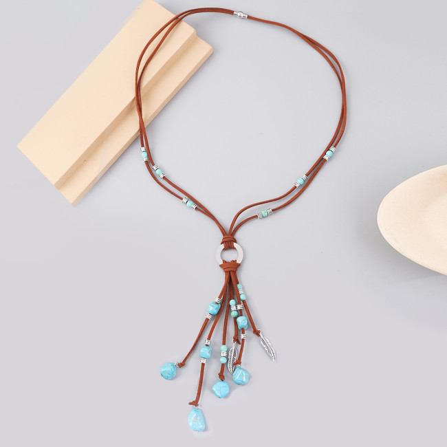 Women's Western Turquoise Pendant Leather Necklace Vintage Ethnic Necklace
