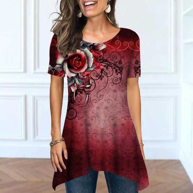 Women's Plus Size Floral T-Shirts Crew Neck Irregula Short Sleeve T-Shirts