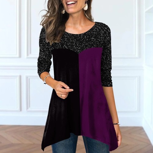 Women's Long Sleeve Casual Top Color Block Patchwork T-Shirt