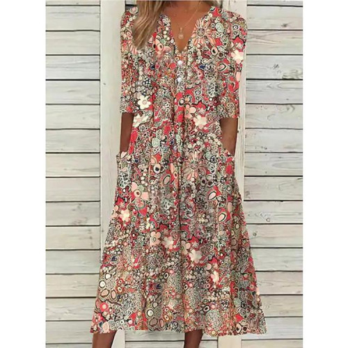 Women's Summer Dresses Floral Print V-Neck Mid Sleeve Midi Dress