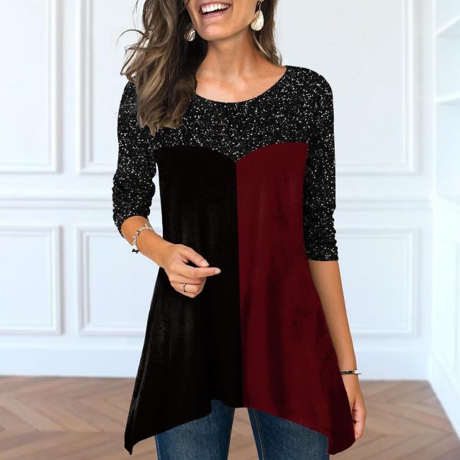 Women's Long Sleeve Casual Top Color Block Patchwork T-Shirt