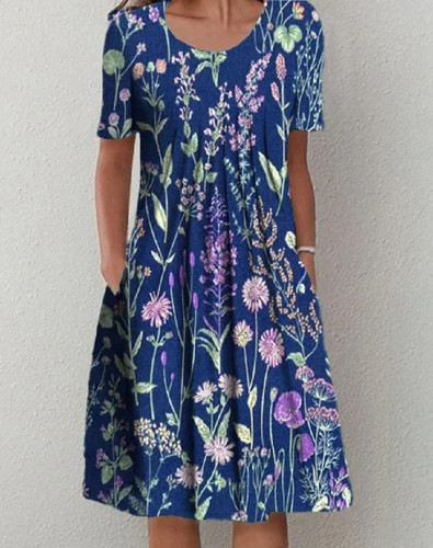 Women's Spring Summer Floral Dress Crew Neck Short Sleeve A Line Midi Dress