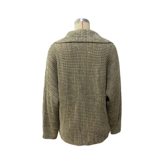Khaki Collared Neck Long Sleeve Sweater