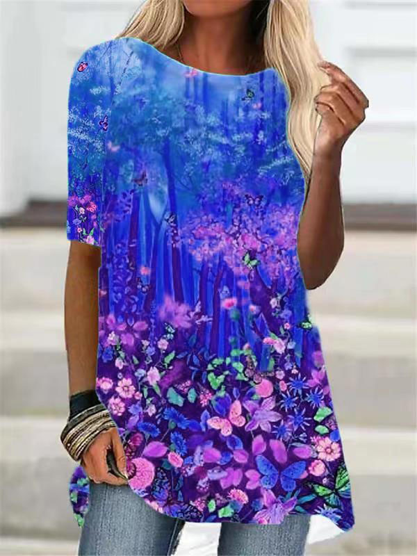Women's Spring Floral T-Shirt Forest Butterfly Painting Colorful Short Sleeve T-Shirt