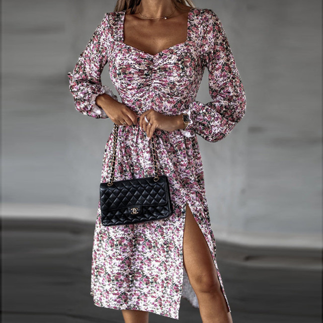 Women's U-Neck Floral Print Midi Dress