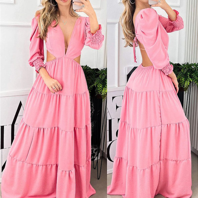 Women's Cutout Dress Sexy V-Neck Ruffle Cake Dress Maxi Dresses