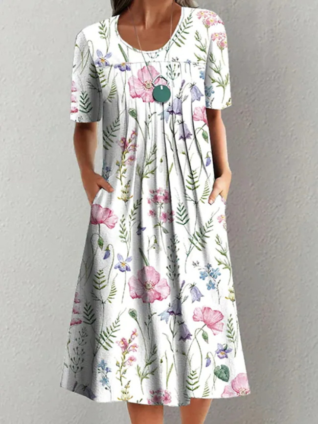 Women's Spring Vintage Floral Dress Crew Neck Short Sleeve A Line Midi Dress