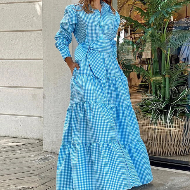Check Lapel Single-Breasted Lace-Up A Line Swing Maxi Dress
