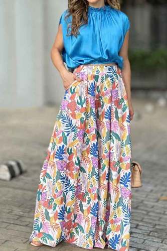 Loose Top High Waist Print Wide Leg Pants 2 Piece Set