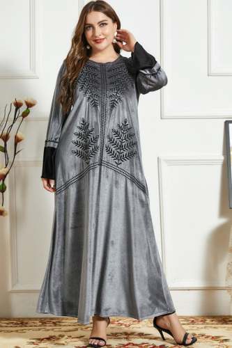 Embroidered Velvet Long-Sleeve Dress