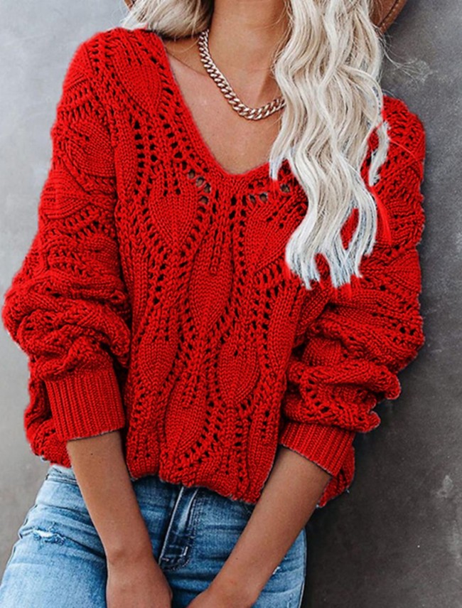 Women's Sweater Long Sleeve Casual Basics Regular Plain V Neck Hollow out Sweater