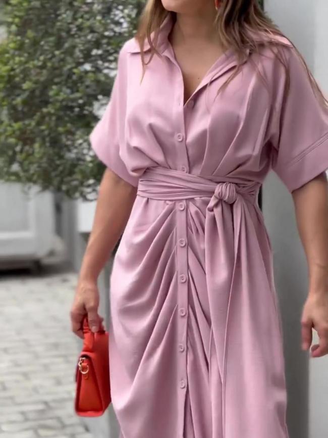 Women's Summer Solid Belted Button Midi Dress