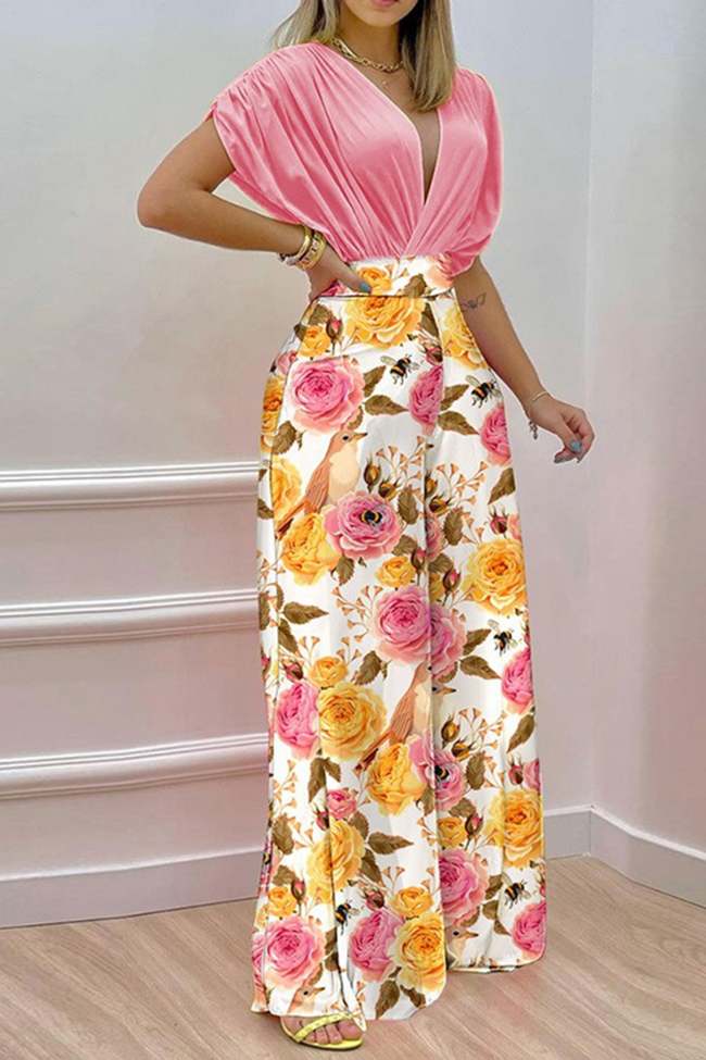 Women's 2 Piece Set Sexy V-Neck Crop and Floral Print Wide Leg Pants