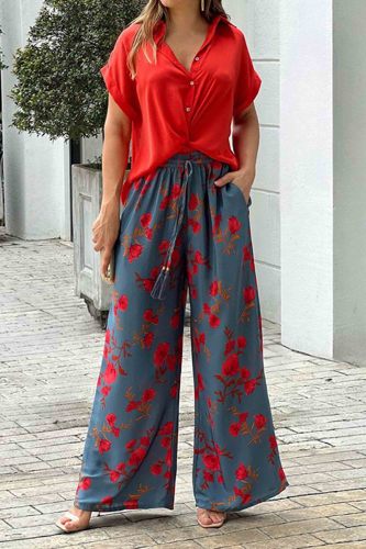 Short Sleeve Blouse Shirt and Floral Printed Wide Leg Pants 2 Piece Set