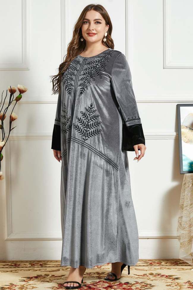 Embroidered Velvet Long-Sleeve Dress