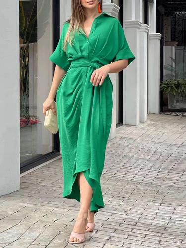 Women's Summer Solid Belted Button Midi Dress 5Colors