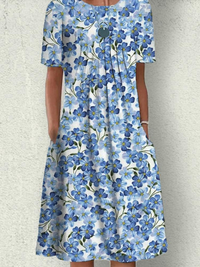 Women's Spring Blue Floral Dress Crew Neck Short Sleeve A Line Midi Dress